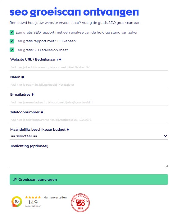 Voorbeeld van een conversieformulier op een SEO pagina